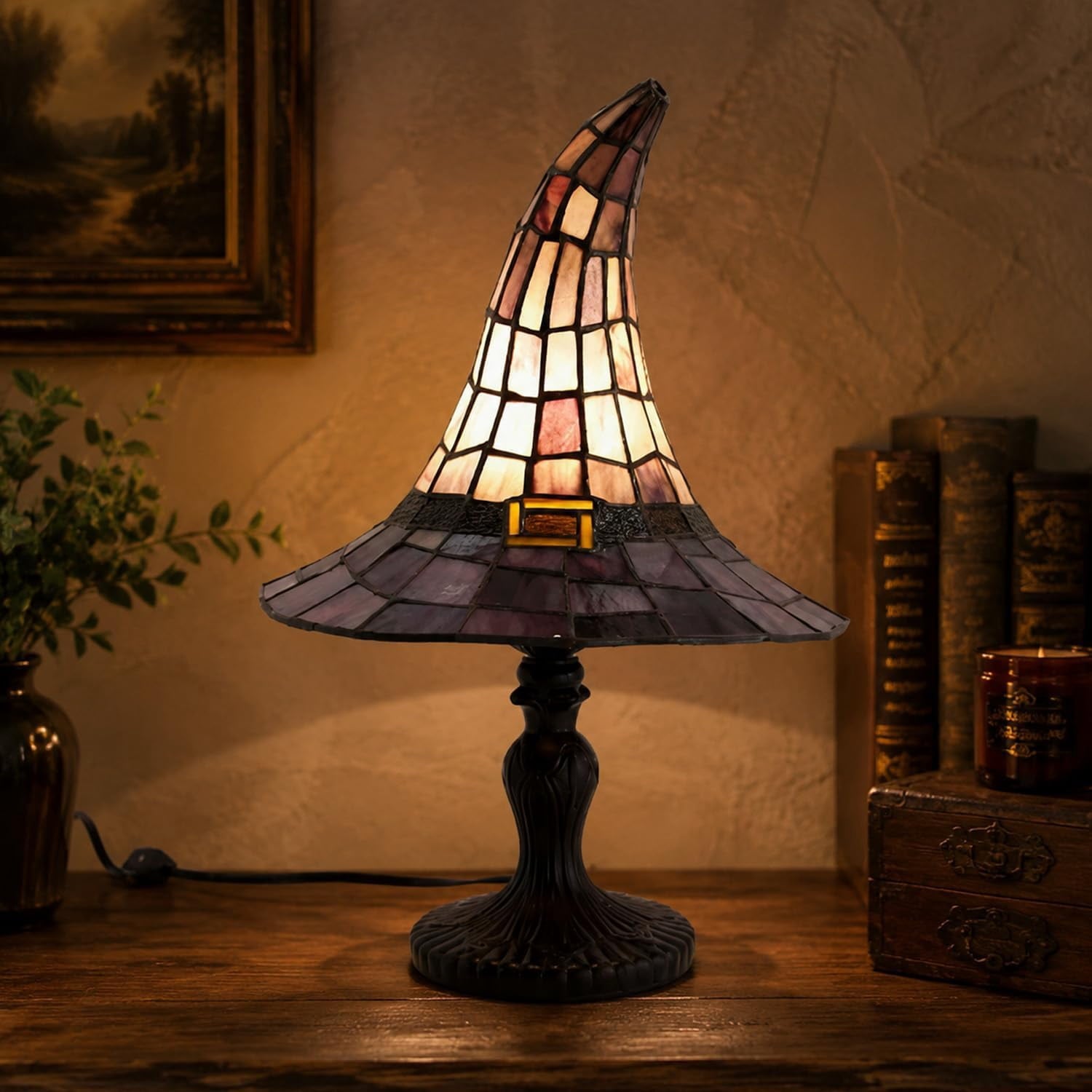 Clearance Halloween Table Lamp Decorations, Witch Hat Lamp Gifts - Handcrafted Retro Resin Witch Lamp, USB Powered Gothic Wizard Hats Night Light, Home Decor Accent Lamps for Bedroom