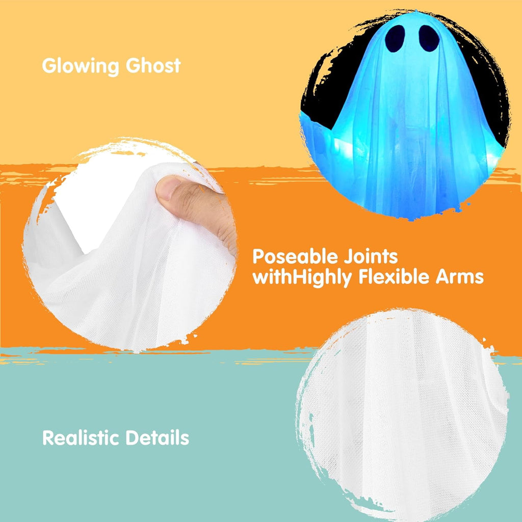 Joyfy 47" Halloween Hanging Light up Ghost Decorations Outdoor,White Ghosts with Blue LED Light and Timer Halloween Hanging Decoration Waterproof for Front Yard Patio Lawn