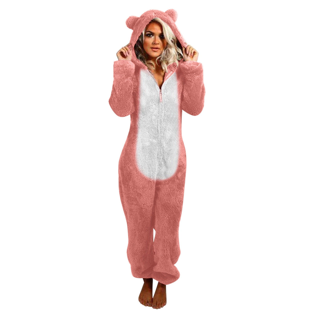 QATAINLAV Sherpa Fleece Jumpsuit for Women Winter Warm Fuzzy Onesie Pajamas Cute Cat Hooded Romper Casual Zip Up Overalls Sleepwear Black XL