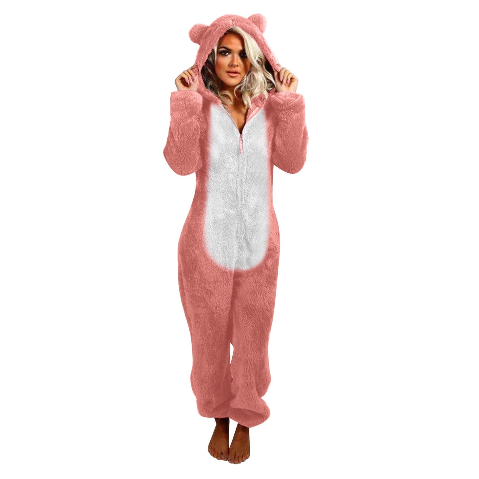 QATAINLAV Sherpa Fleece Jumpsuit for Women Winter Warm Fuzzy Onesie Pajamas Cute Cat Hooded Romper Casual Zip Up Overalls Sleepwear Black XL