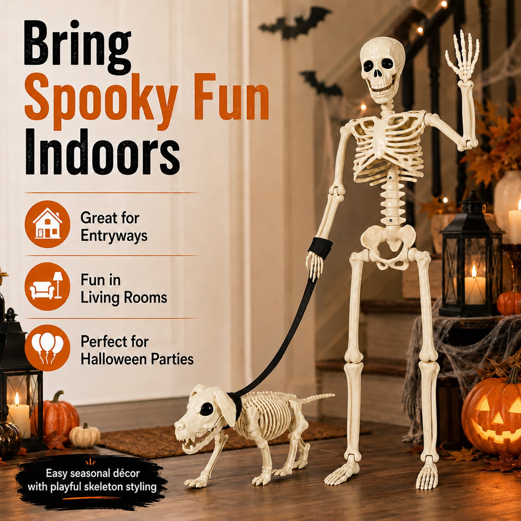 DAKIMOE Halloween Outdoor Decoration Skeleton with Skeleton Dog & Leash 2.9 Ft Skeleton Walking Dog Halloween Party Decoration Yard Lawn Garden Patio Party Decor