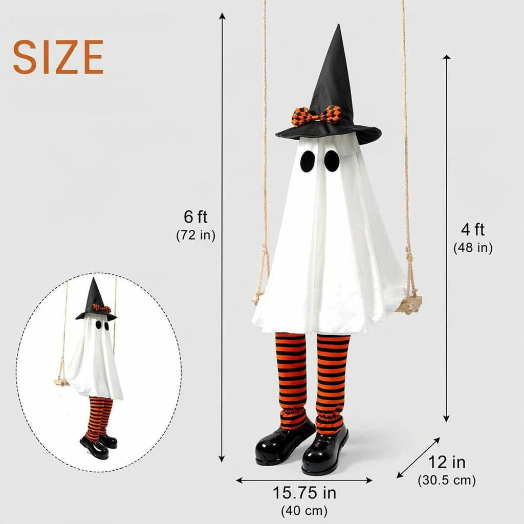 Cloth Hanging Swing Ghost Halloween Outdoor Decor,Remote Controlled LED Lighted Floating Ghost Ornament With 8 Lighting Modes For Porch Tree Yard Seasonal Holiday Display,Total Length 120.4 in.A