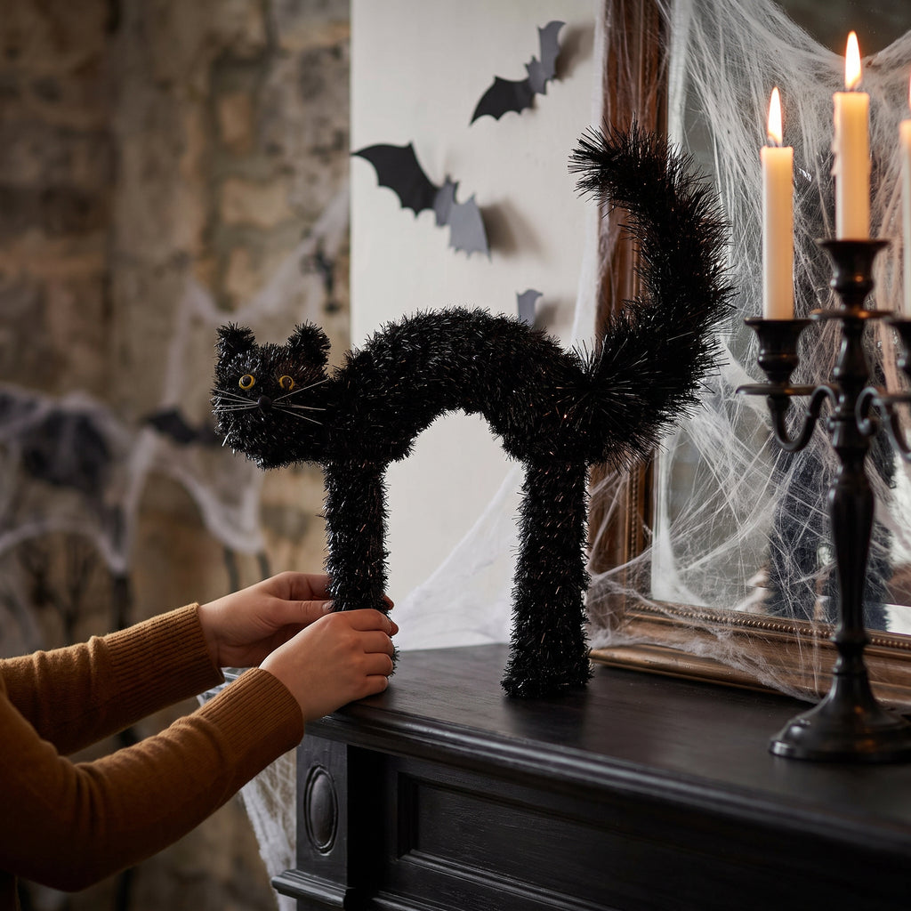 Tinsel Scaredy Cat Decoration, Black, 15", Halloween by Way To Celebrate
