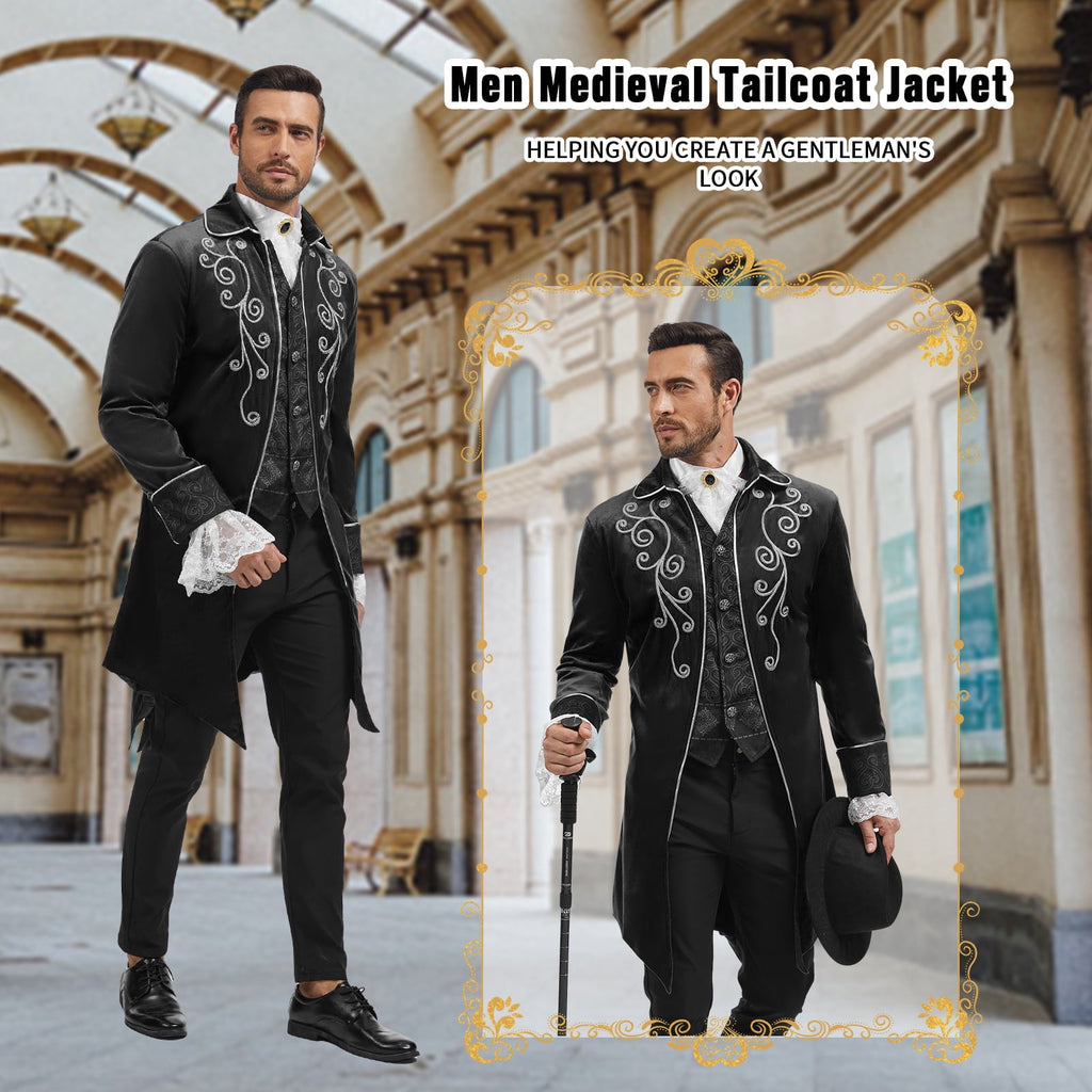 MYATED Medieval Steampunk Tailcoat for Men,Gothic Victorian Frock Coat Renaissance Pirate Jackets Halloween Party Cosplay Costumes,Blue,S