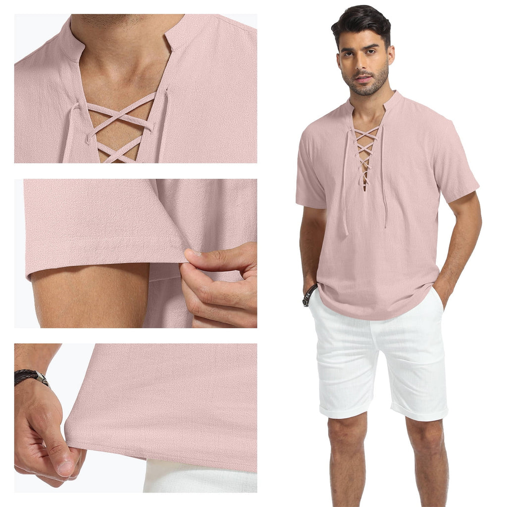 HAOMEILI Men's Cotton Linen Lace-Up V-Neck Short Sleeve Shirt