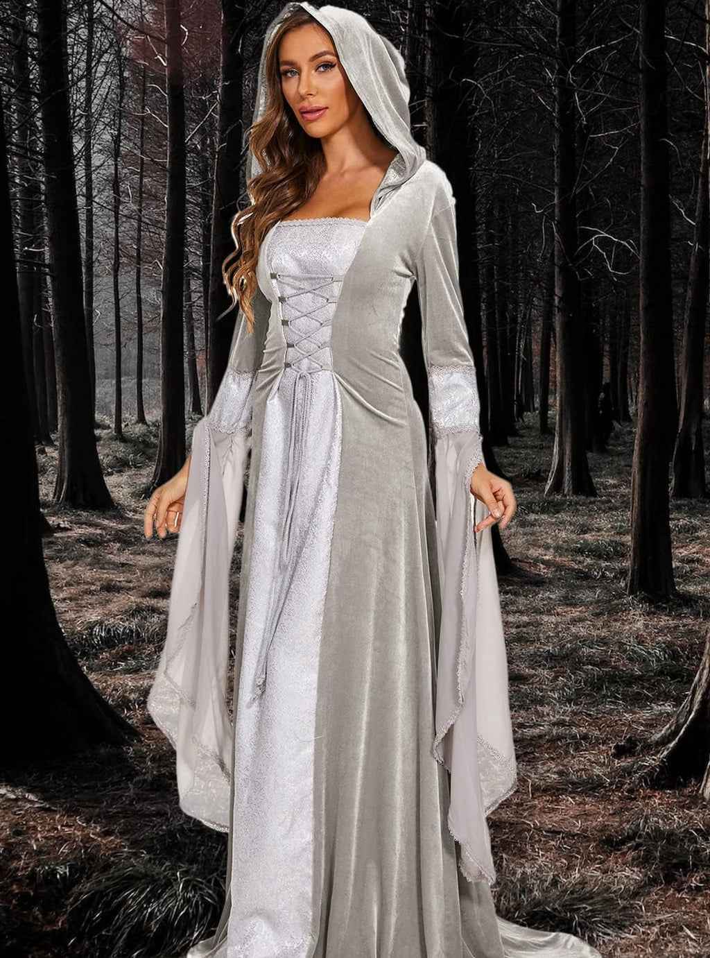 Halloween Witch Costume Women, Deluxe Witch Dress Costume, Vintage Embroidered Renaissance Gothic Hooded Vampire Gown Dress Cosplay Costumes Black M