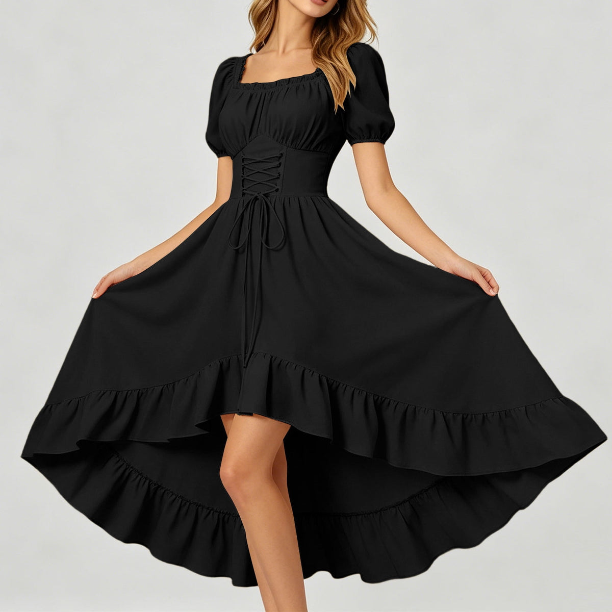Gothic Dresses for Women Medieval Renaissance Halloween Costume Lace Up Corset High Low Ruffle Hem Square Neck Vintage Gown