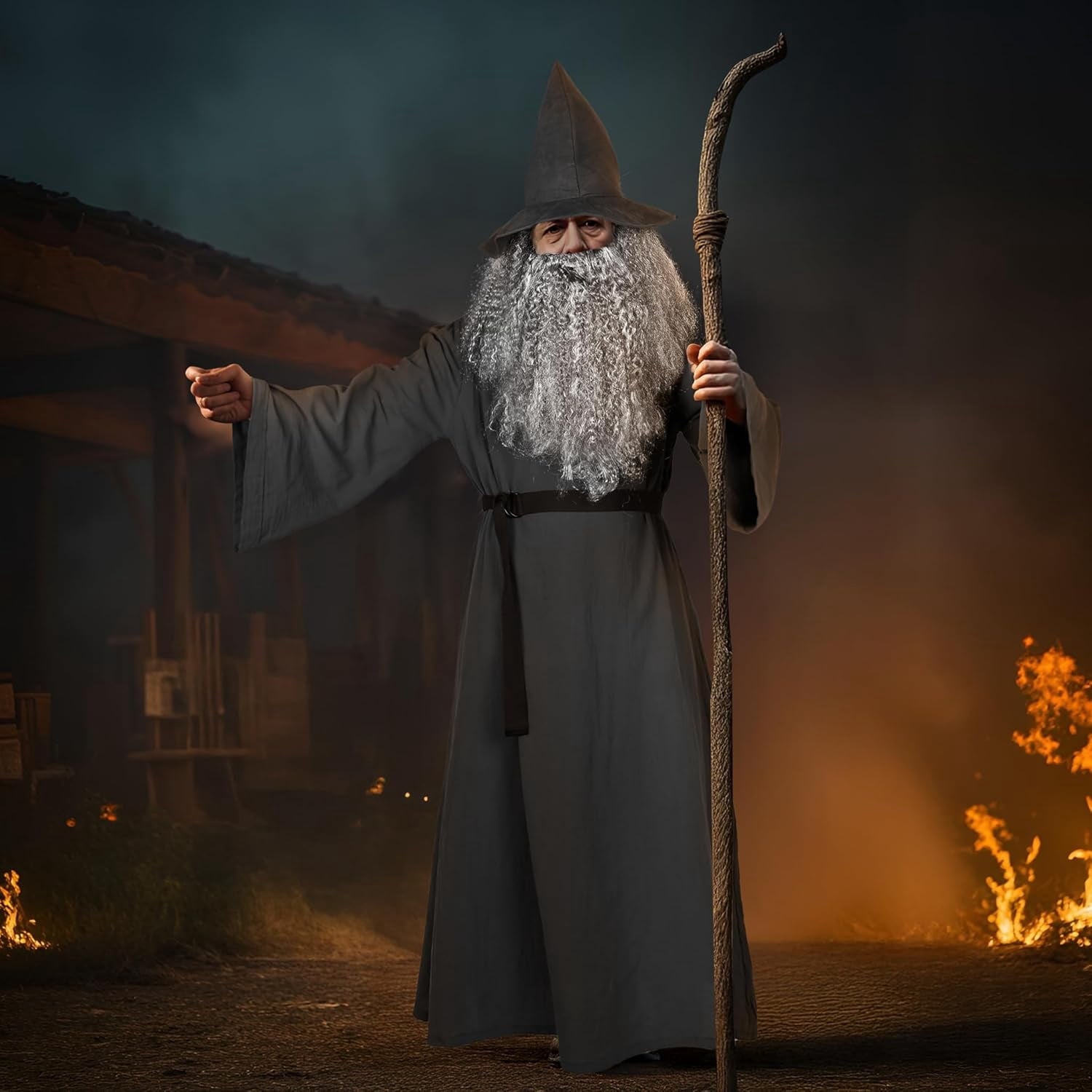 Deluxe 5 Pcs Wizard Costume for Adults Grey Wizard Robe with Wizards Hat, Belt, Wig & Beard Halloween Costumes For Men