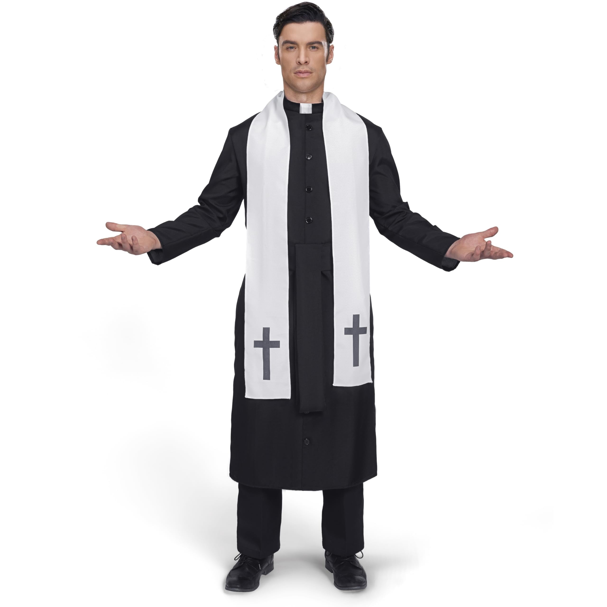 Joyfy Men's Priest Costume Black Priest Father Robe Stole for Halloween Party Dress up Cosplay