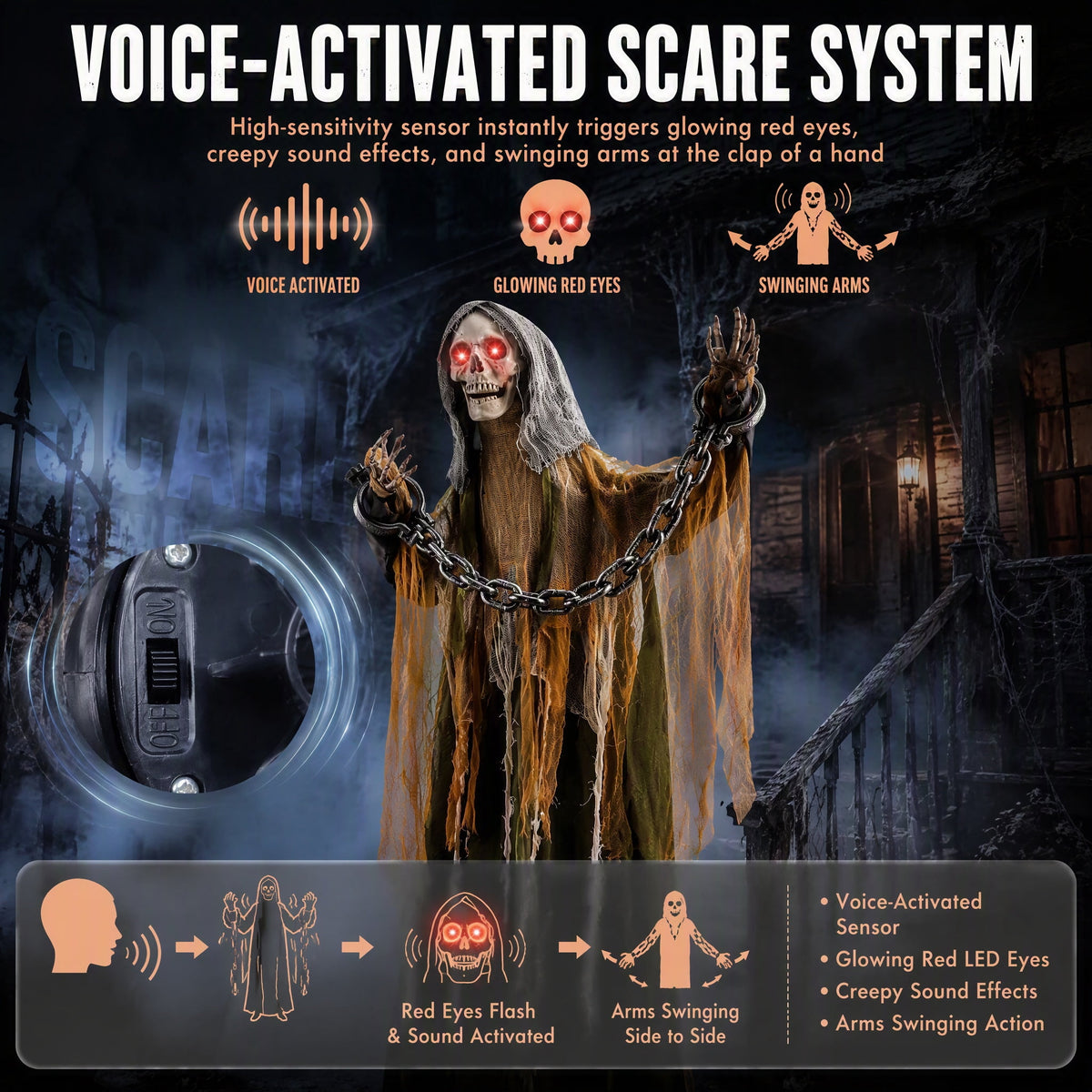Weswose 6 Ft Animated Halloween Skeleton Prop - Sound & Touch Activated Animatronic with Glowing Head & Spooky Sounds, Outdoor Indoor Yard Decoration