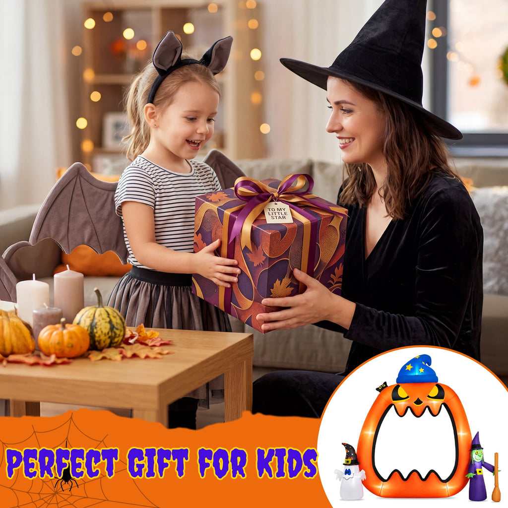 Firstness 8.2ft Halloween Inflatable Pumpkins Photo Door with Ghost Witch Yard Party Outdoor Decorations with LED Lights