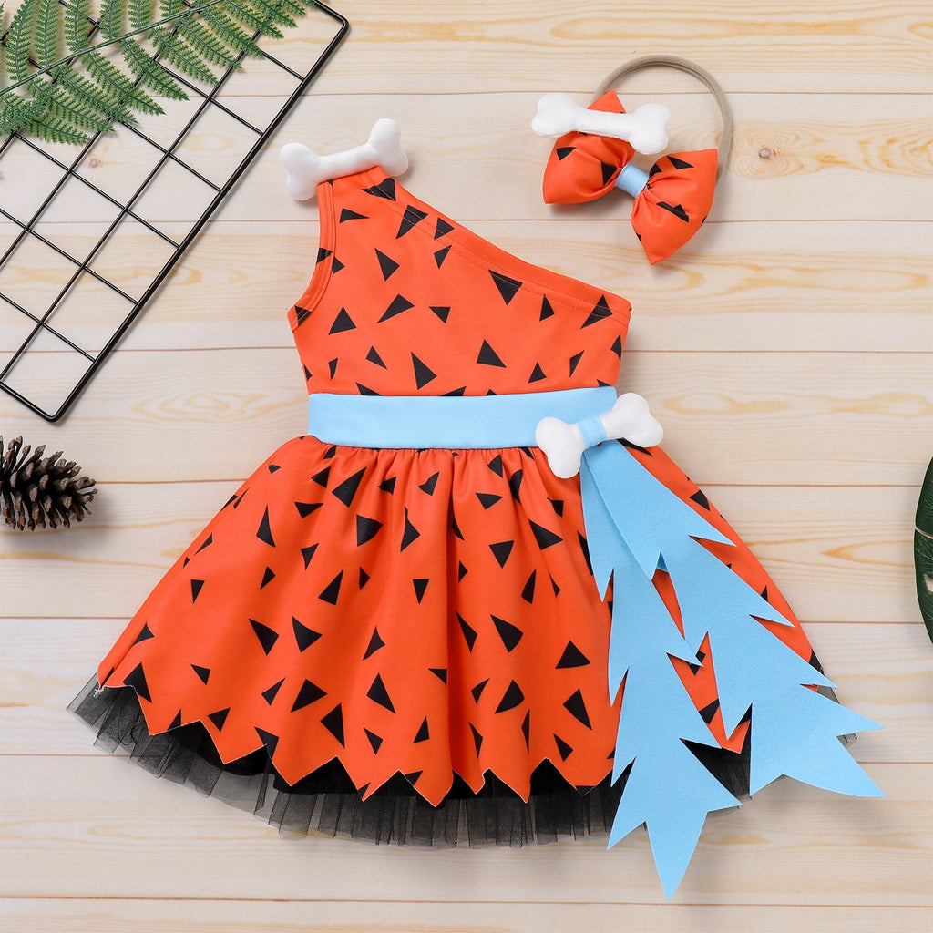 Kids Baby Bam Bam Costume Flintstone Costume Caveman Cavegirl Historical Stone Age Themed Birthday Outfit for Girls Boys Halloween Cosplay Dress Up Photo Shoot 2-3 Years Girl - Orange