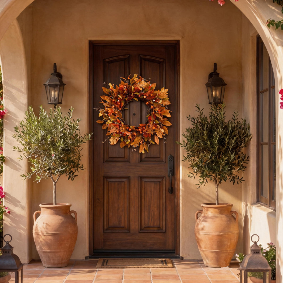 Fall Wreath Pumpkin Wreath Halloween Wreath for Front Door with Maple Leaves Harvest Wreath for Door Window Porch Thanksgiving Halloween Decor