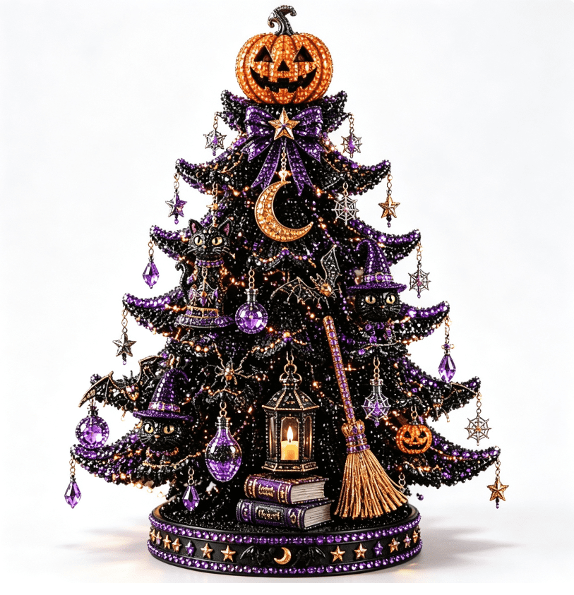 2026 Moonlit Black Cat DIY Halloween Quilted Fabric Tree Kit - Patchwork Fabric Halloween Tabletop Tree, Autumn Mantel Ornament for Adult Rustic Farmhouse Seasonal Display