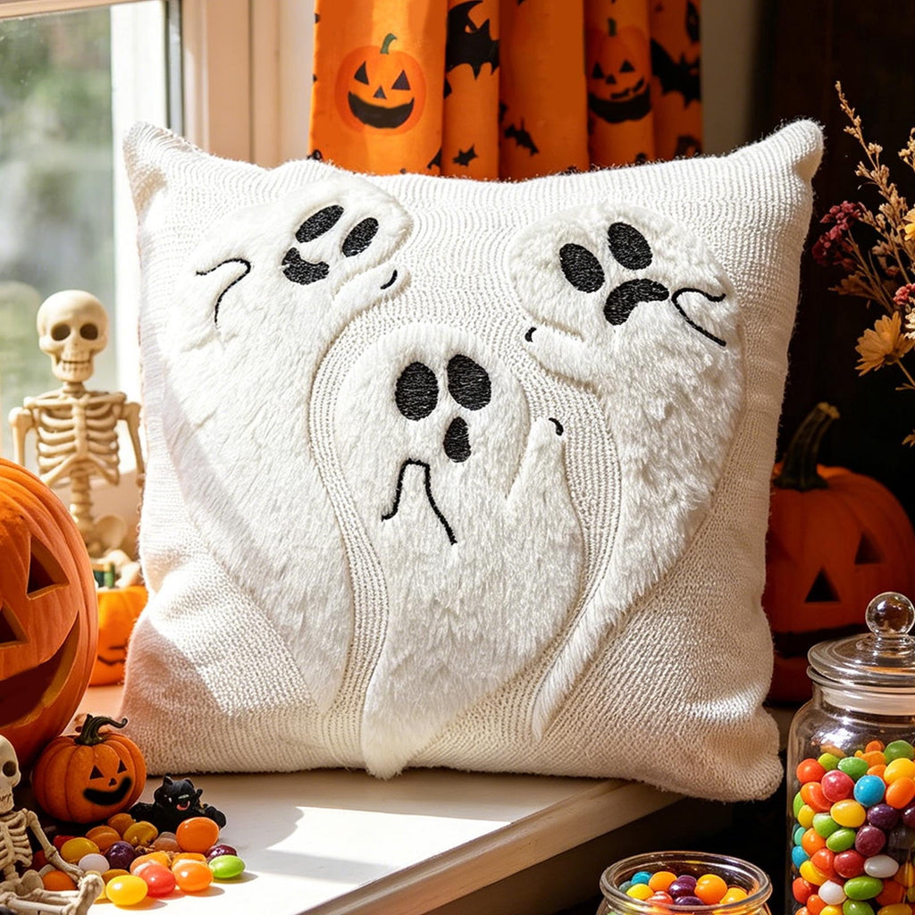 Yeciiwht Halloween Throw Pillow Cover – 18*18inch Embroidered Linen Cushion Case with Ghost, Mummy & Bat Designs, Invisible Zipper, Machine Washable