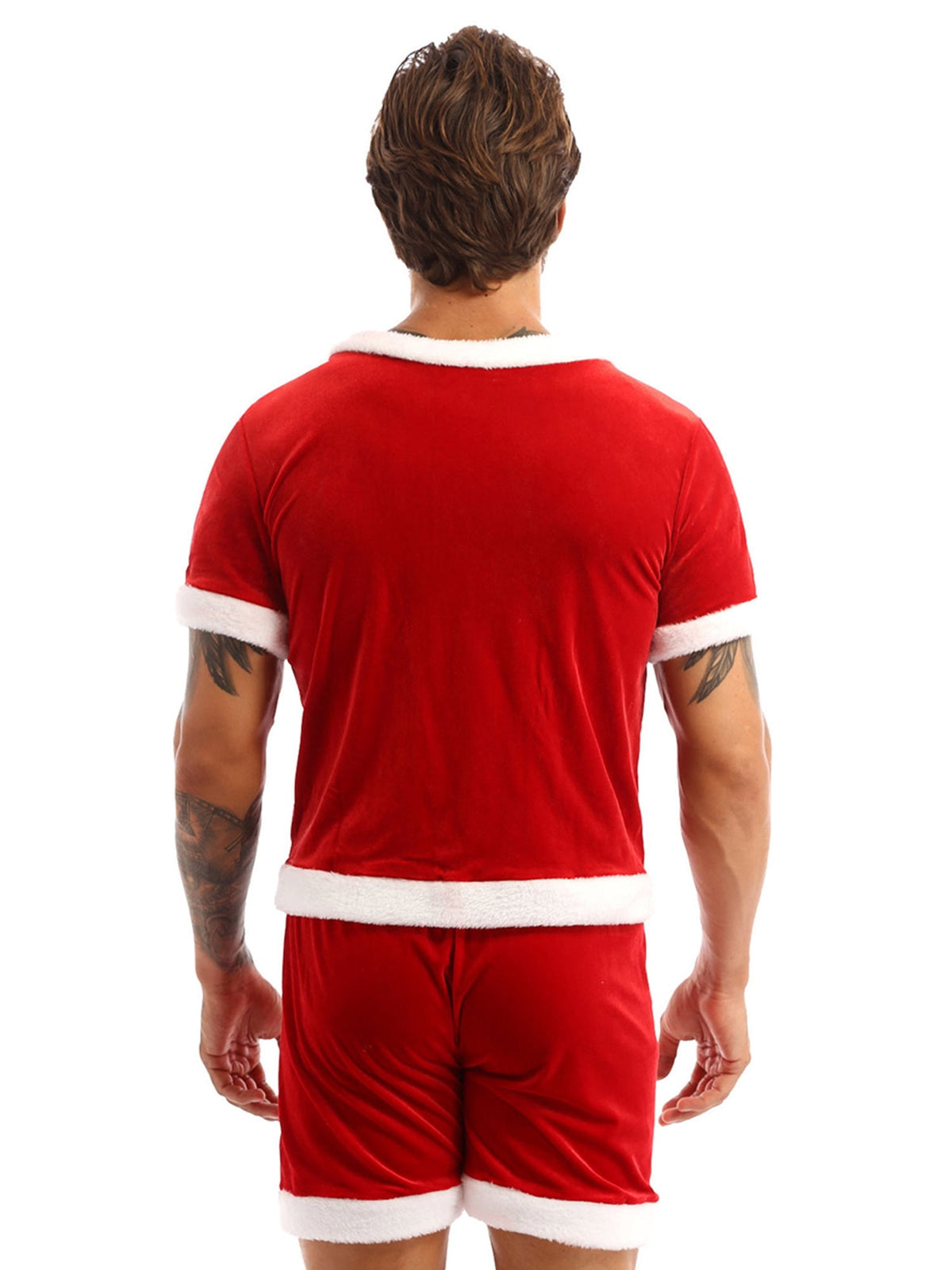 TiaoBug Men Christmas Santa Claus Cosplay Costume Boxers Leotard Bodysuit with Hat Xmas Party Outfits B Red XL