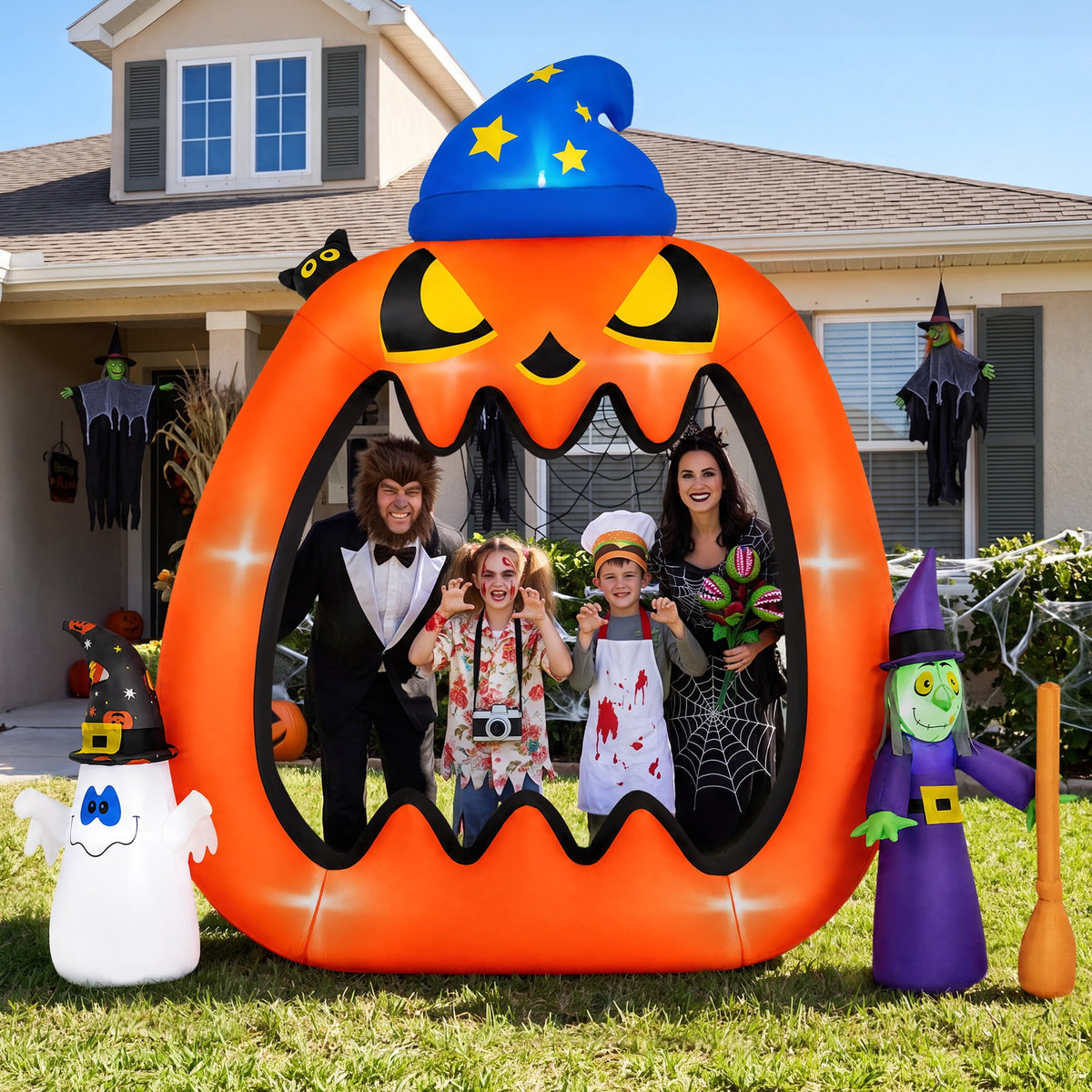 Firstness 8.2ft Halloween Inflatable Pumpkins Photo Door with Ghost Witch Yard Party Outdoor Decorations with LED Lights