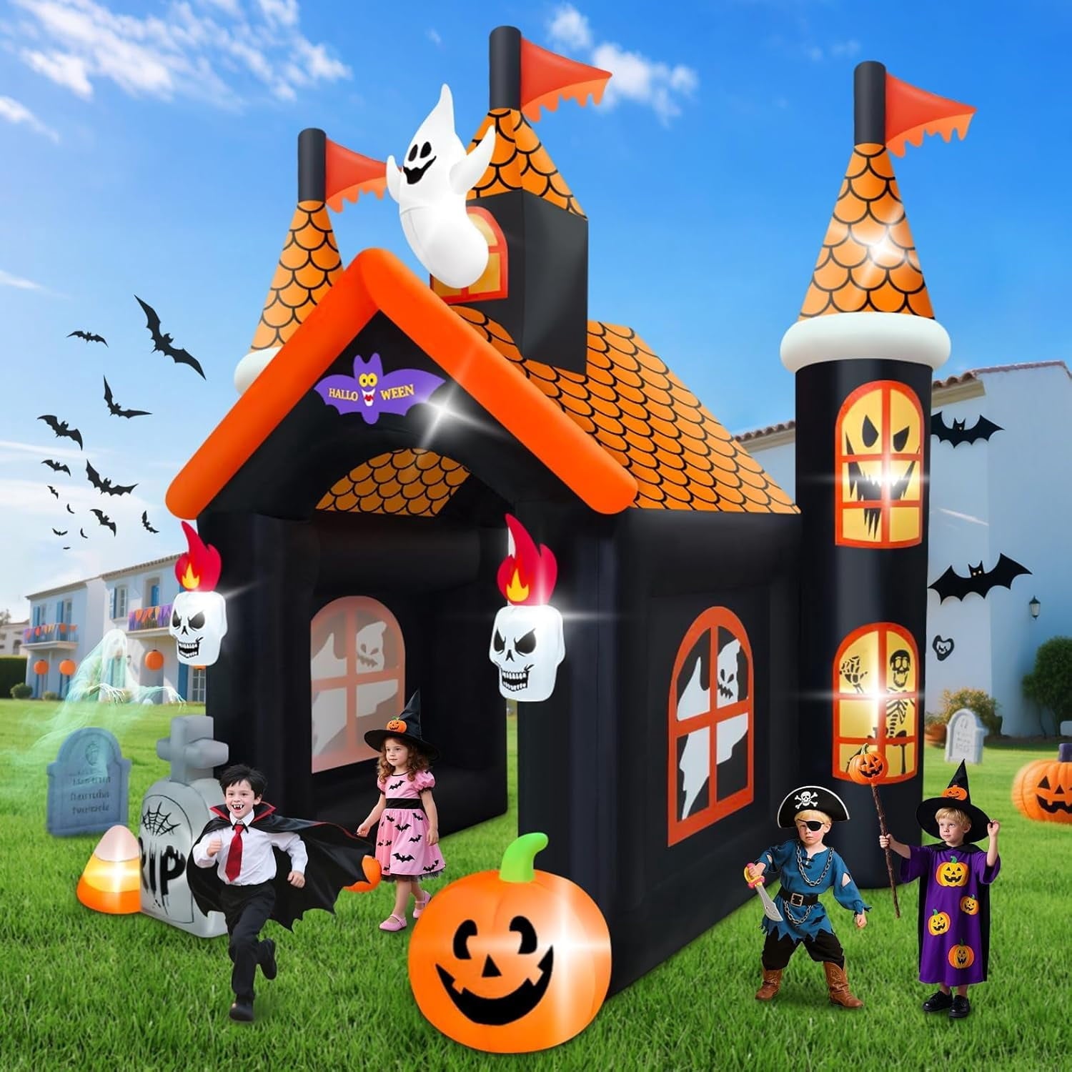 12FT Halloween Inflatable Archway, Kalolary Large Haunted House Inflatable Ghost Pumpkin Blow up Tunnel Halloween Outdoor Indoor Decorations Holiday Yard Lawn Inflatables for Home Family Party