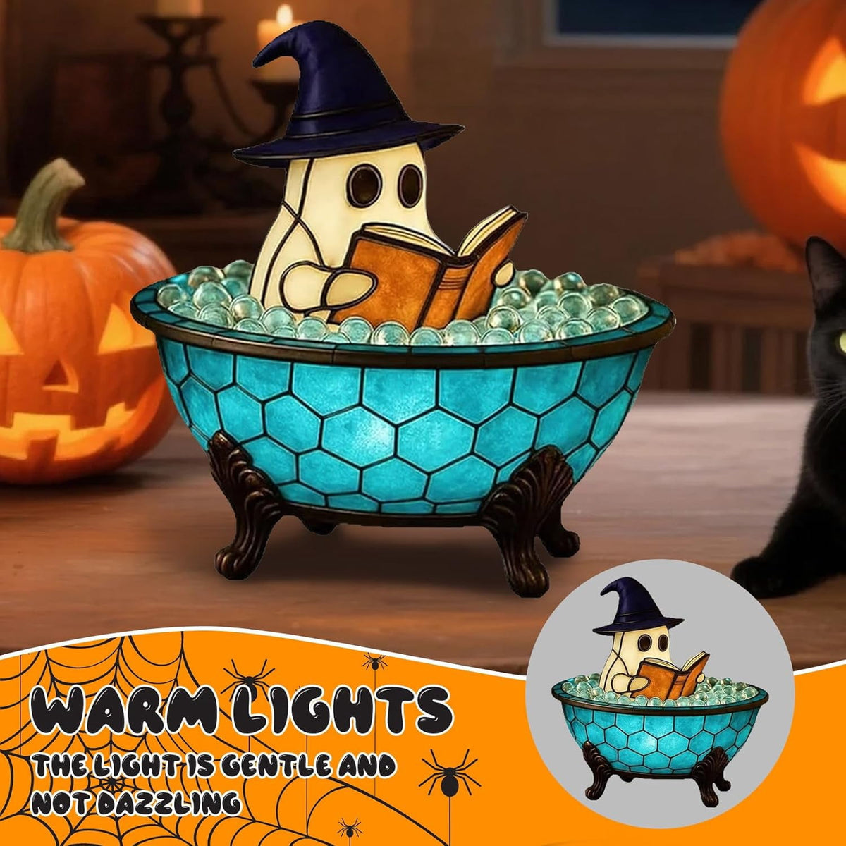 Ghost Bubble Bath LampHalloween Bathroom Decor Gifts Under 20 Bathtub Ghost & Dog Resin Figurine, Warm LED Halloween Tabletop Decor for Bathroom, Bedroom, Kids Room & Fall Home Accent