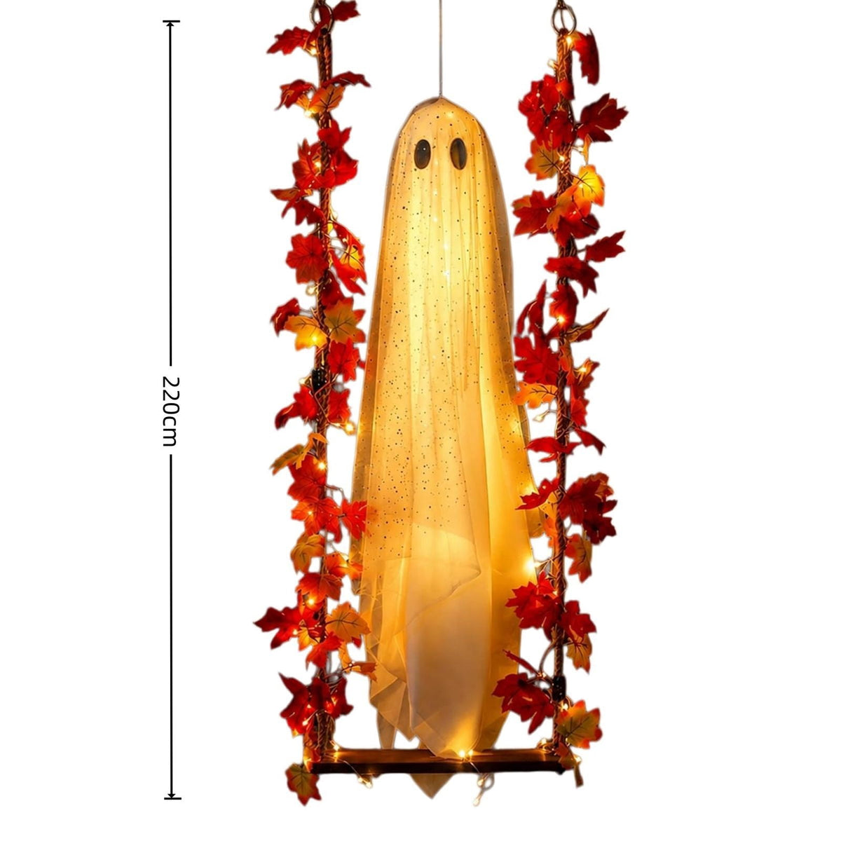 Outdoor Halloween Decorations Large Hanging Ghost and Witch Broom with Lights, Spooky and Cute Ghost Decor for the Front Porch, Yard