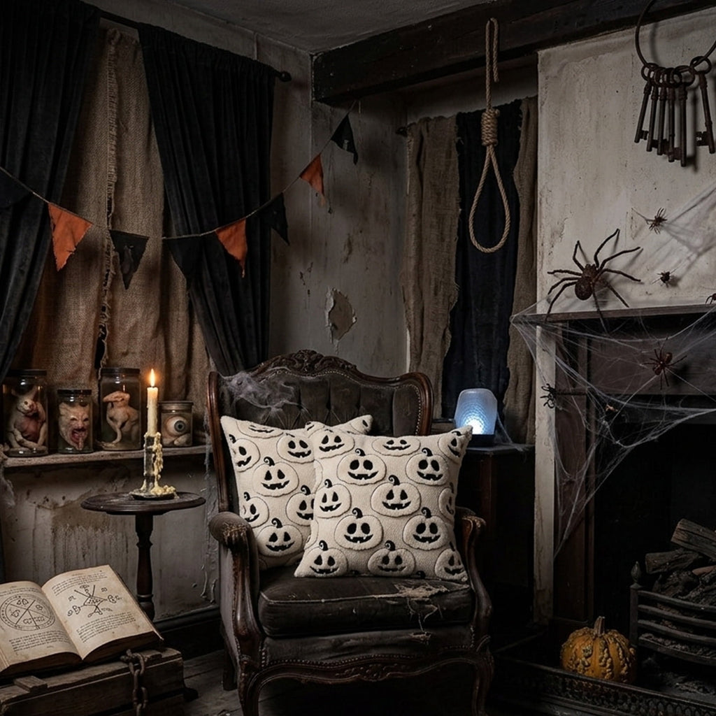 Halloween Ghost Reading Book Throw Pillow Cover, Spooky Library Bookshelf Skull Candlestick Decorative Pillowcase, Retro Halloween Cushion Cover