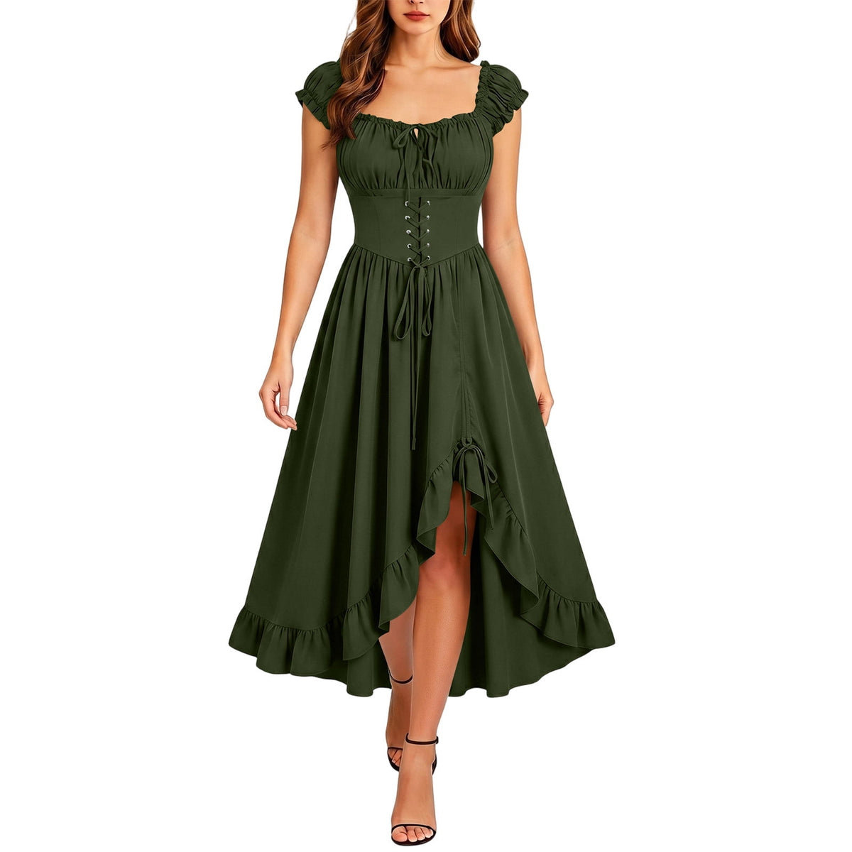 Gothic Dresses for Women Medieval Renaissance Halloween Costume Lace Up Corset High Low Ruffle Hem Square Neck Vintage Gown