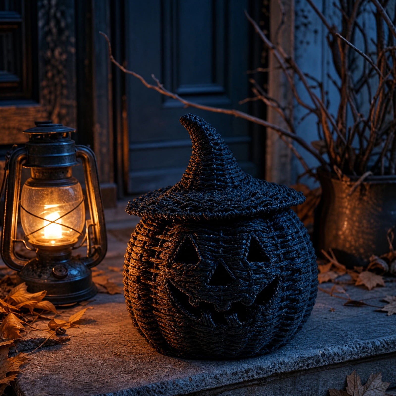 Halloween Woven Seagrass Pumpkin For Spooky Halloween Candy Storage And Home Decor, Black Handcrafted Witch Hat Woven Seagrass Pumpkin For Festive Parties, Premium Decorative Woven Seagrass Pumpkin