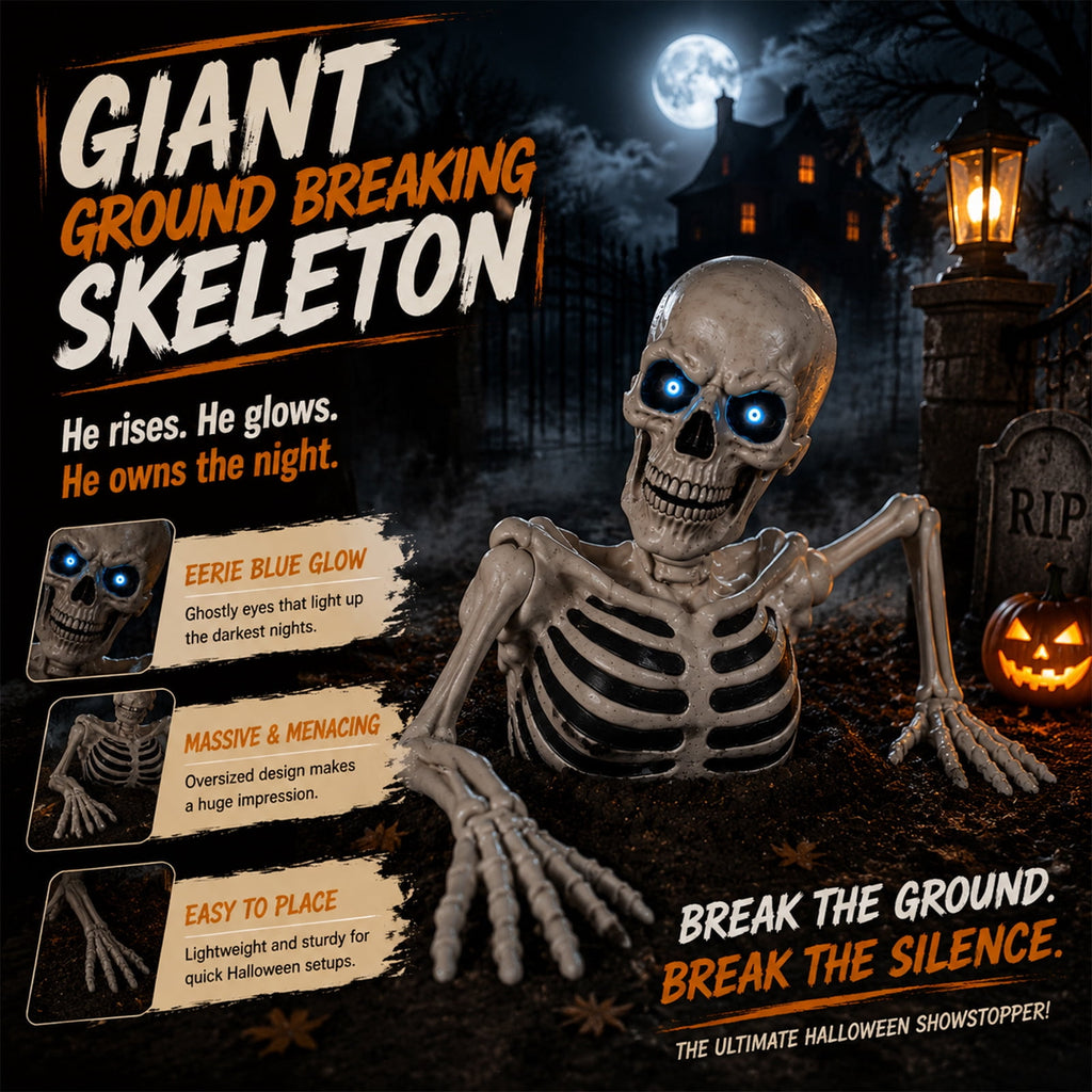 Giant Ground Breaking Half Skeleton Halloween Prop,11.8 Inch Animated Ghost Skeleton Decor with Sound Activated LCD Glowing Eyes,Outdoor Graveyard Haunted Yard Spooky Party Decoration
