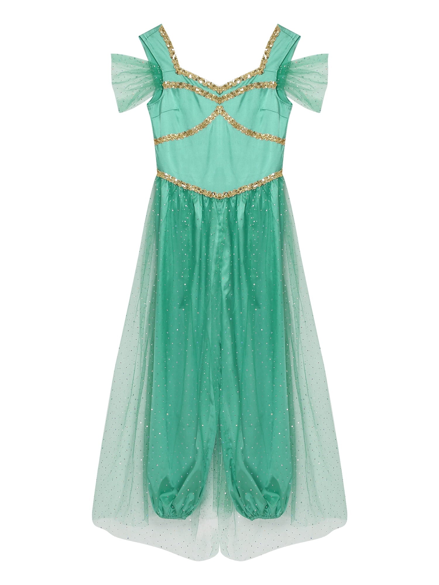 Aislor Women Halloween Arabian Princess Cosplay Costume Sequins Belly Dance Romper Jumpsuit Fancy Dress Lake Blue L