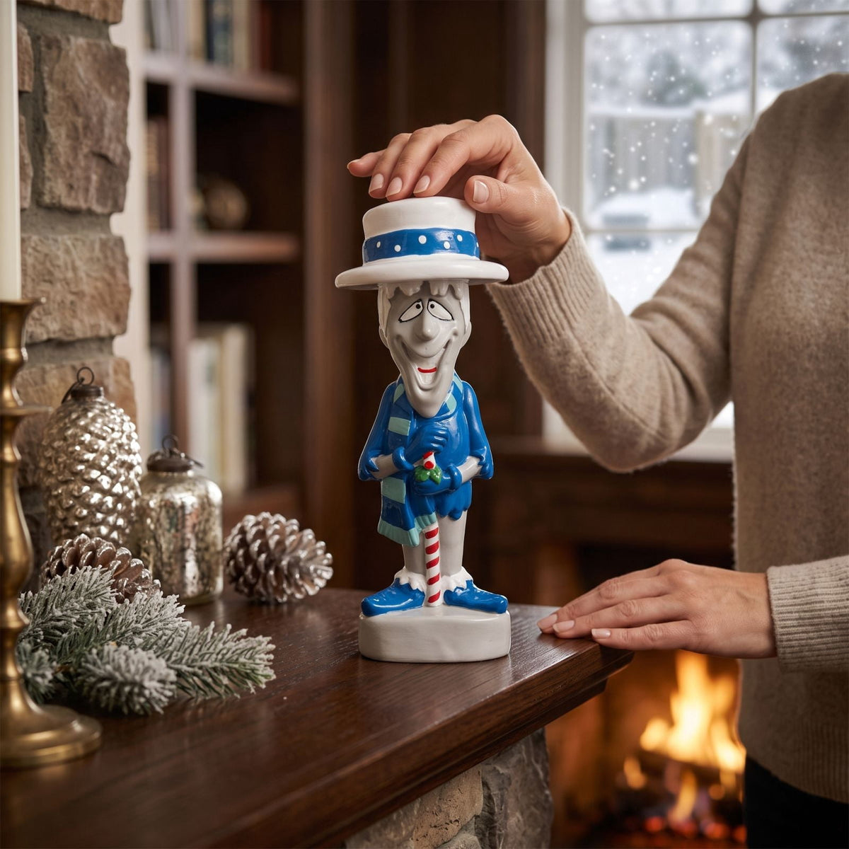 Artificial Snowman Blow Mold Christmas Decoration with LED Lights Classic Winter Character Figurine for Halloween Porch and Mantel, 12 Inch