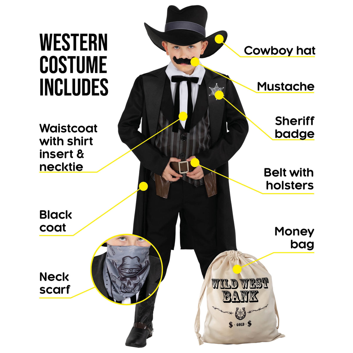 Morph Western Sheriff Costume Boys Halloween Costume for Boy Black Medium