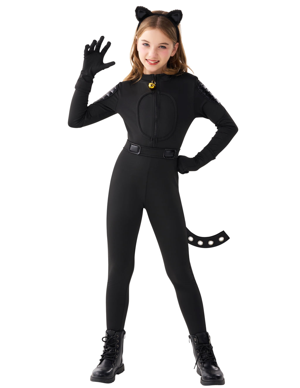 Joyfy Black Cat Costume for Girls, Kids Cat Outfit Set with Tail, Child Black Cat Halloween Costume for Cosplay Party