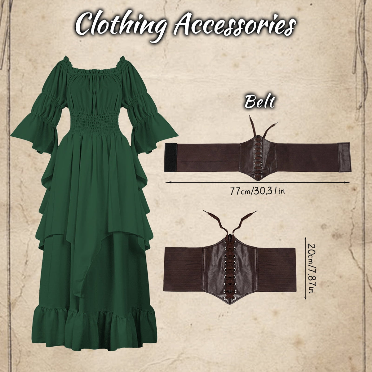 IROOZIGOTO Womens White Medieval Renaissance Maxi Dress Off Shoulder Long Flare Sleeve with Brown Lace Up Corset Belt Halloween Cosplay Costume
