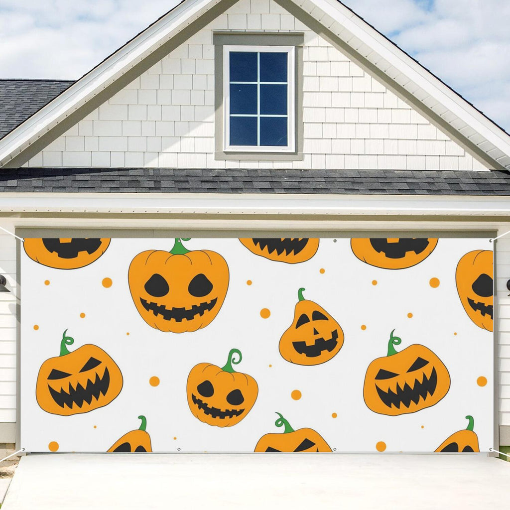 Halloween Garage Door Cover - 13x6ft Spooky Ghost Pumpkin Skull Witch Black Cat Polyester Backdrop for Outdoor Decor