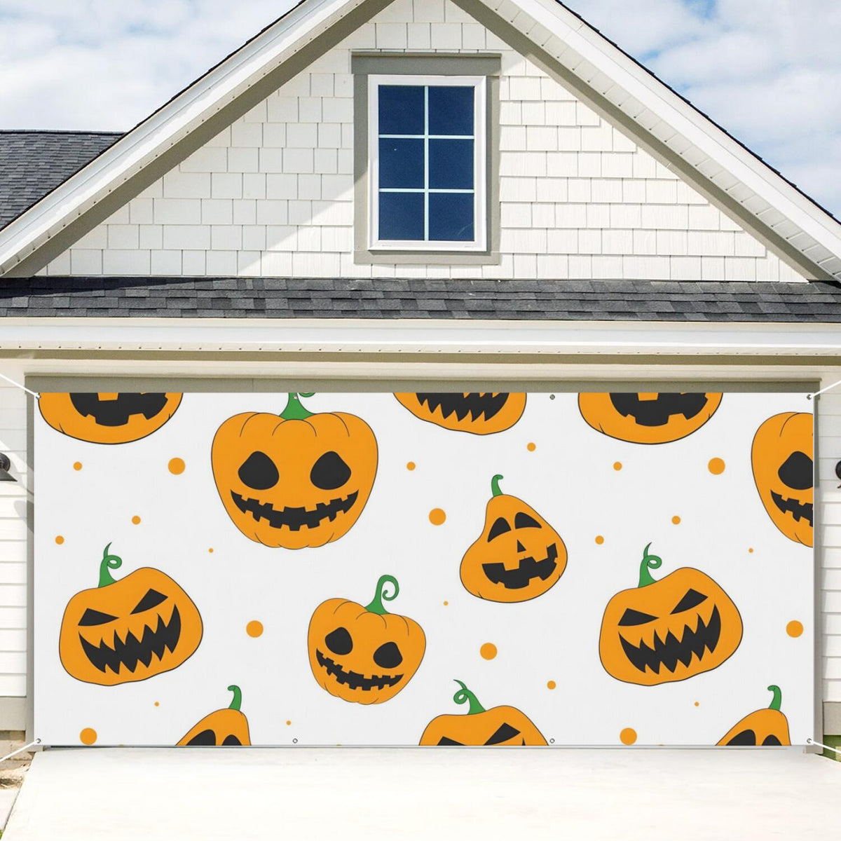Halloween Garage Door Cover - 13x6ft Spooky Ghost Pumpkin Skull Witch Black Cat Polyester Backdrop for Outdoor Decor