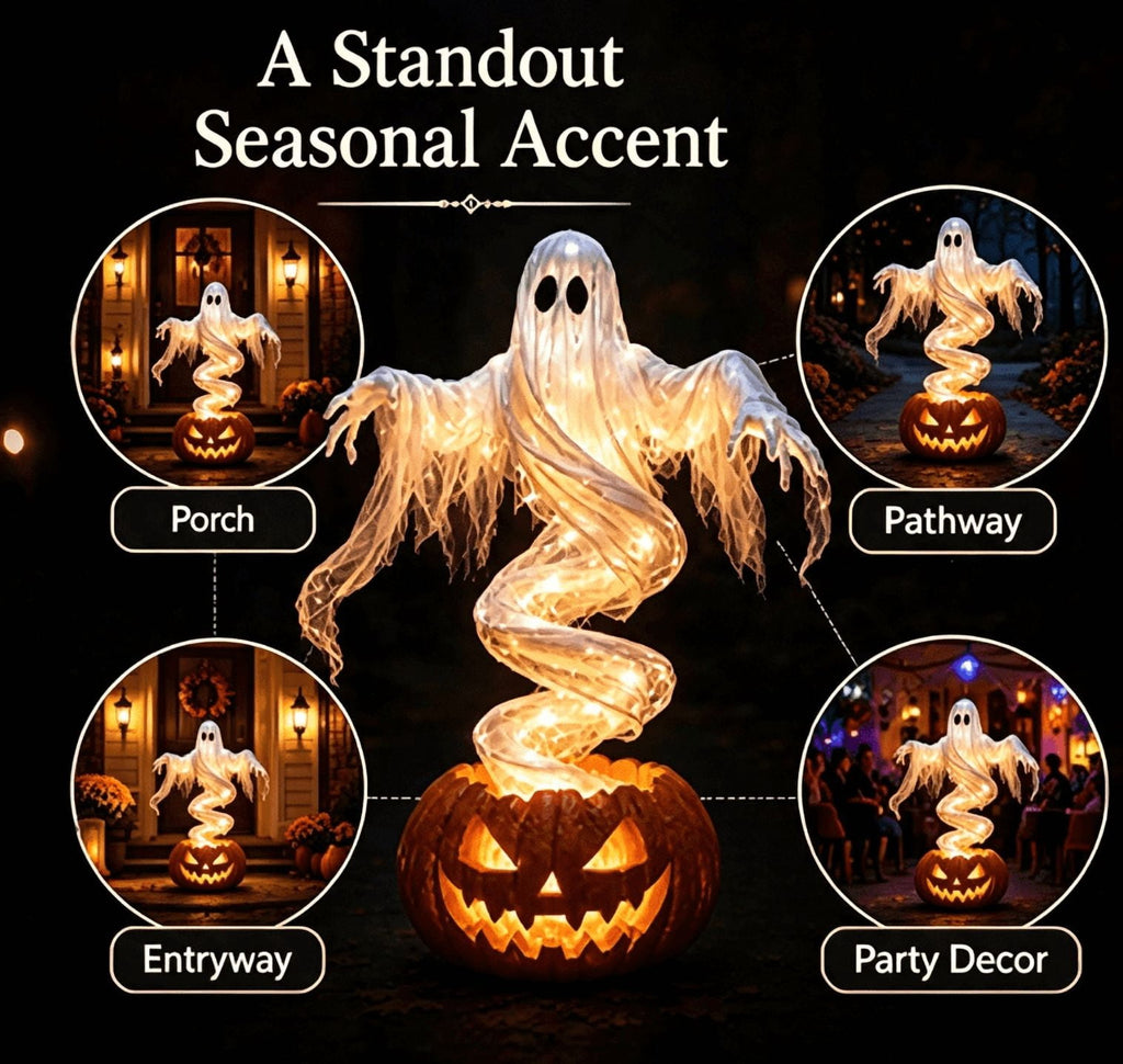 Swirling Ghost Pumpkin Yard Lamp, Halloween Yard Sculpture LED Glowing Floating Ghost Pumpkin Light, Halloween Outdoor Lawn Front Entrance Decor