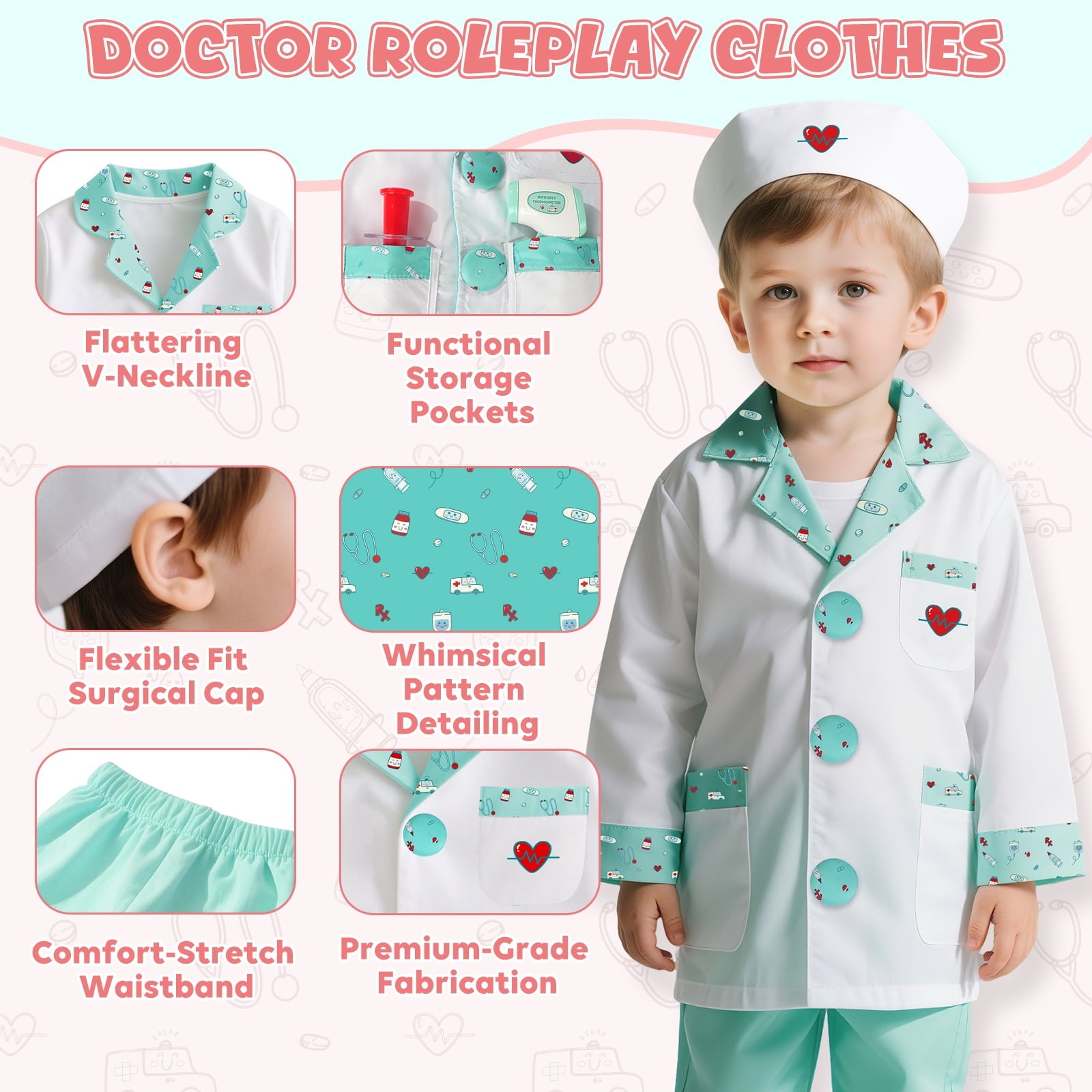 Doctor Costume Set for Kids, Pretend Play Doctor Dress up Clothes with Medical Accessories, Kids Doctor Costume Set Toy for Age 3 4 5 6 Boys Girls - Pink(110cm*3.6in)