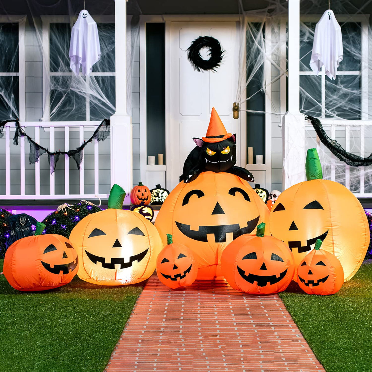 Joyfy 7 ft Halloween Inflatable Long Pumpkin with Witch's Cat Decorations Inflatables with Build-in LEDs,Halloween Decor Outdoor Blow Up Yard Decorations
