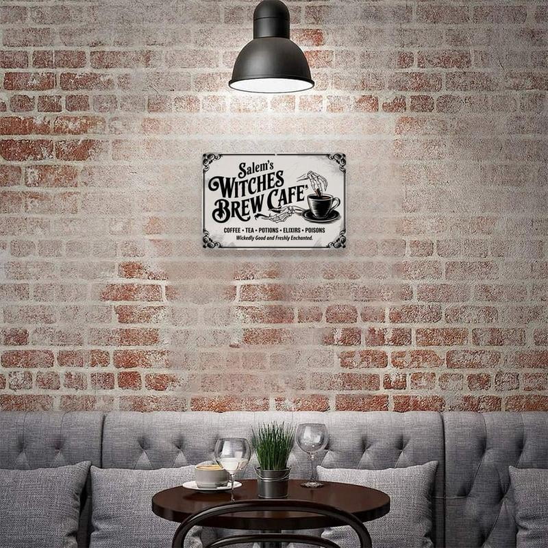 Salem's Witches Brew Cafe Skeleton Hands Coffee Tea Tin Sign， Vintage Halloween Metal Sign Print Aesthetic Room Decoration for Home Bedroom Kitchen Dorm Bathroom Wall Decor 8 X 12， Easy to Hang