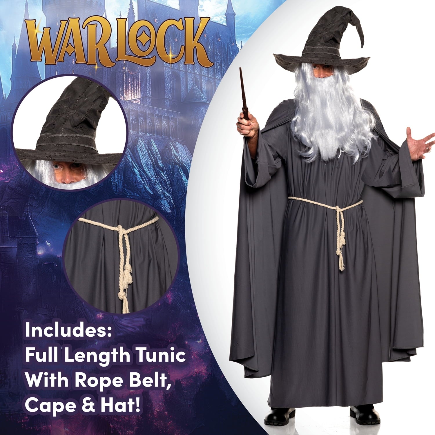 UNDERWRAPS Men's Grey Warlock Costume - Halloween Costumes for Men, Renaissance Wizard Outfit, Cosplay Costume, Adult Sorcerer Costume