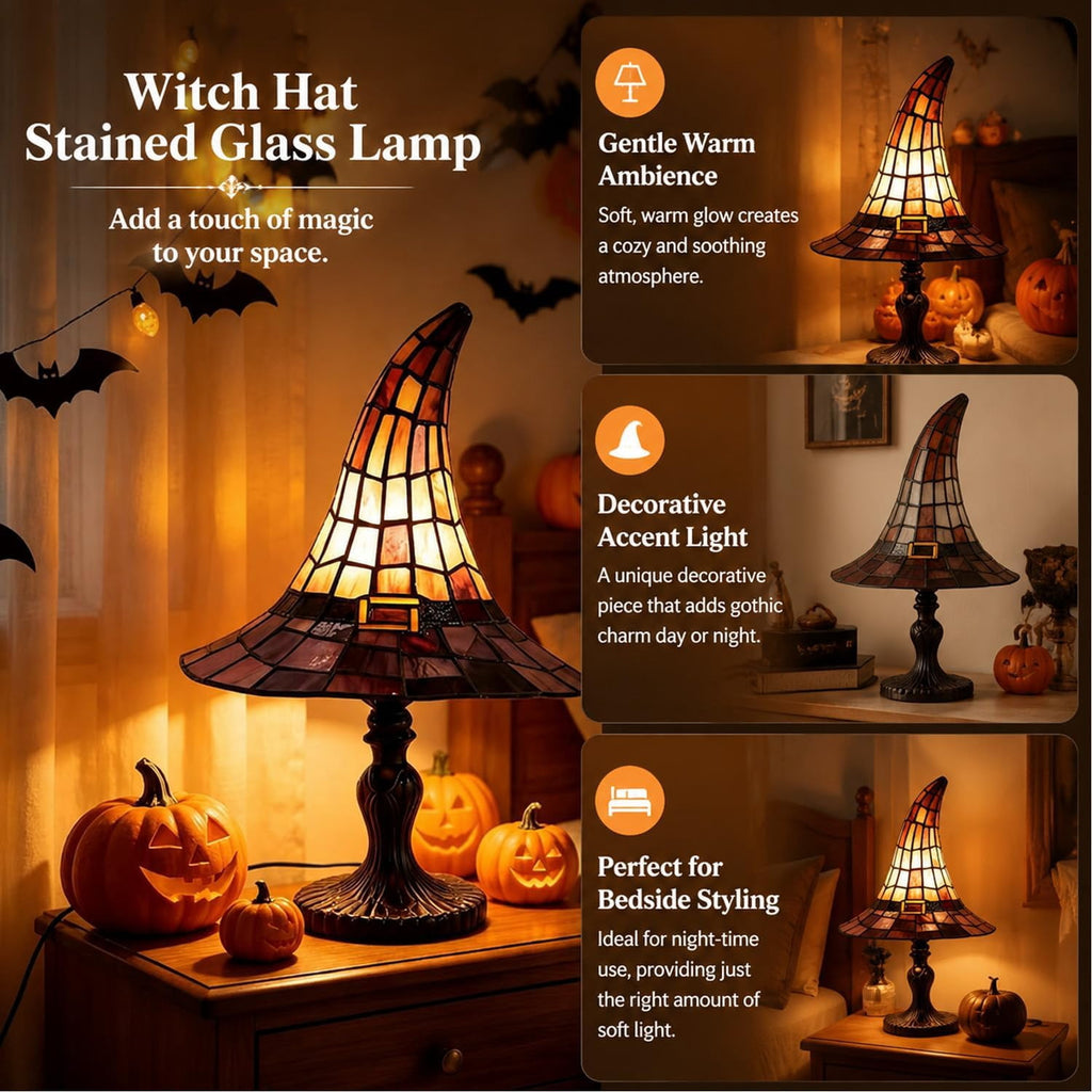 Clearance Halloween Table Lamp Decorations, Witch Hat Lamp Gifts - Handcrafted Retro Resin Witch Lamp, USB Powered Gothic Wizard Hats Night Light, Home Decor Accent Lamps for Bedroom