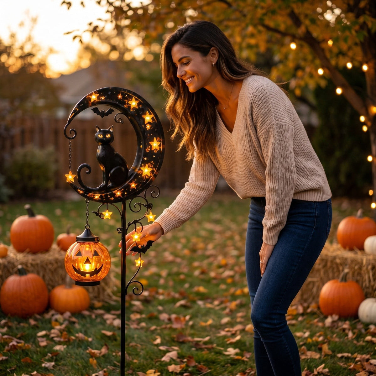 Halloween Crescent Moon Pumpkin Solar Stake Light, Star Hollow Cutout Ground Lamp, Anti Rust Halloween Decorations Party for Yard Walkway black