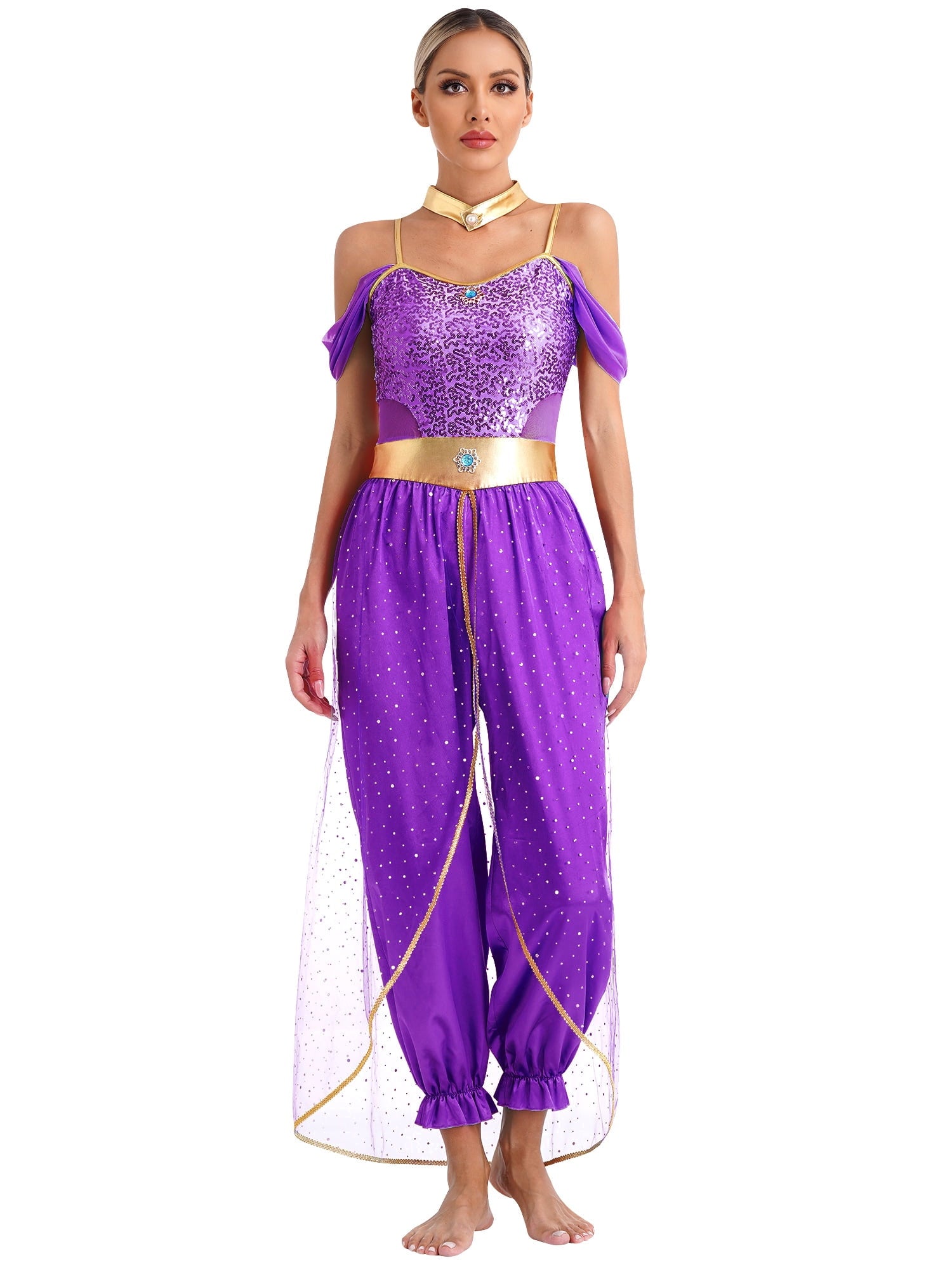 YiZYiF Women's Arabian Princess Dance Costume Halloween Party Fancy Dress Shiny Belly Dance Jumpsuit Turquoise B 4XL
