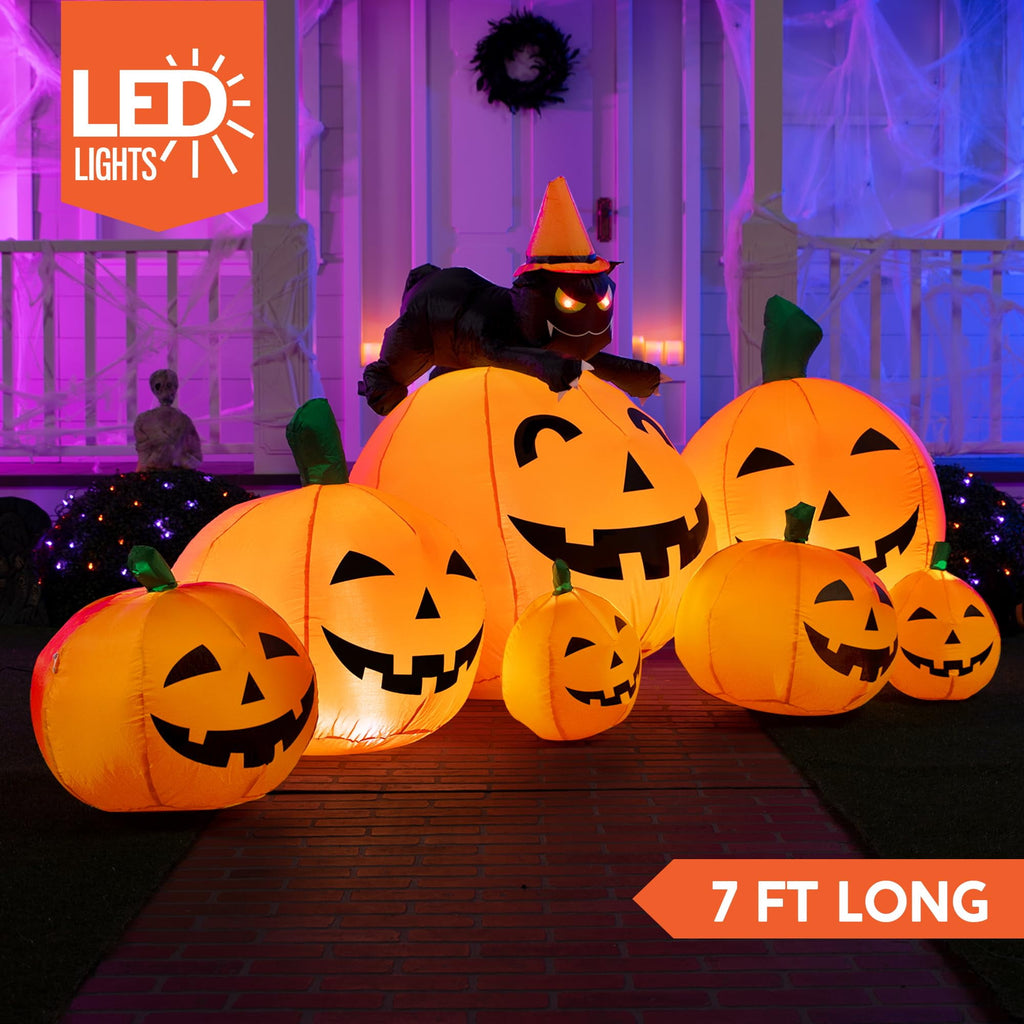 Joyfy 7 ft Halloween Inflatable Long Pumpkin with Witch's Cat Decorations Inflatables with Build-in LEDs,Halloween Decor Outdoor Blow Up Yard Decorations