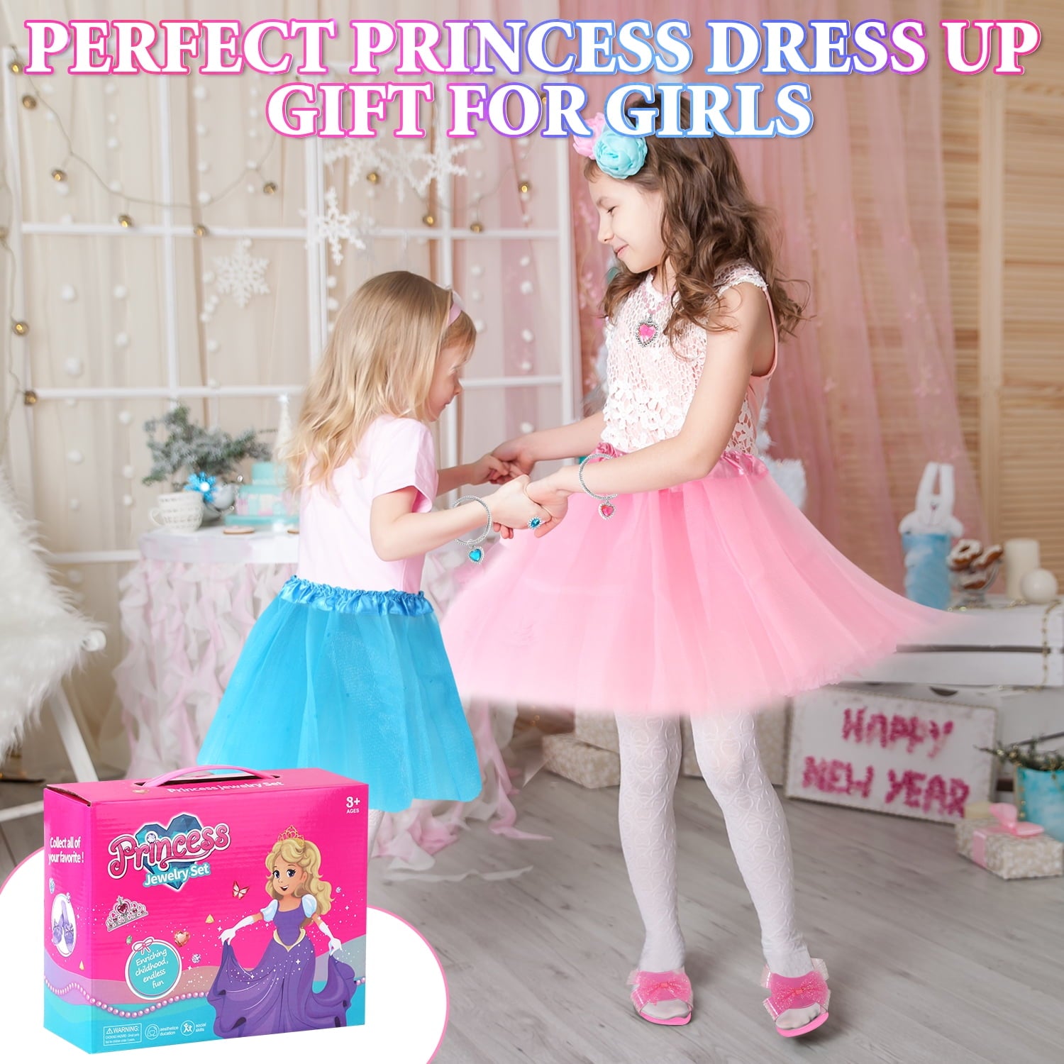 Princess Dress Up Toddler Girl Toys, Dress Up for Girls 3 4 5 6 Year Old, Princess Toys for Toddler, Upgraded with 3 Sets, Include Jewelry, Crown, Shoes, Princess Wand...Birthday Gift