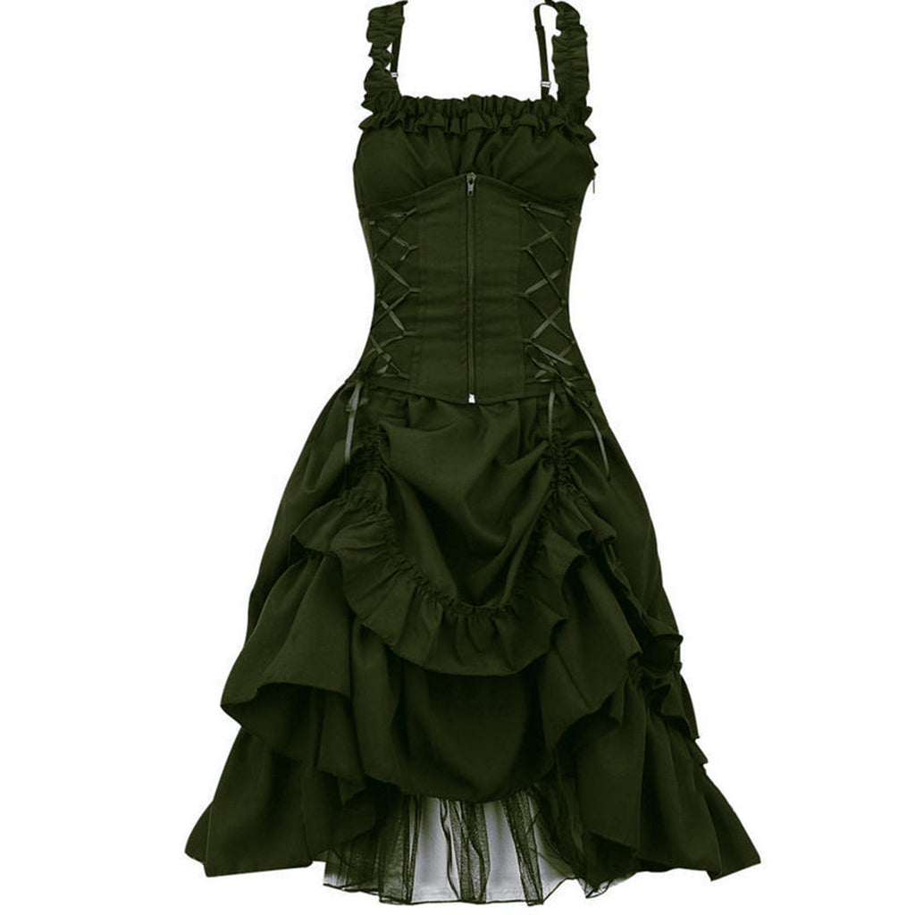 QATAINLAV Women's Gothic Steampunk Dress Renaissance Victorian Lace Up High Low Ruffled Corset Dress Halloween Pirate Costume, Green, S