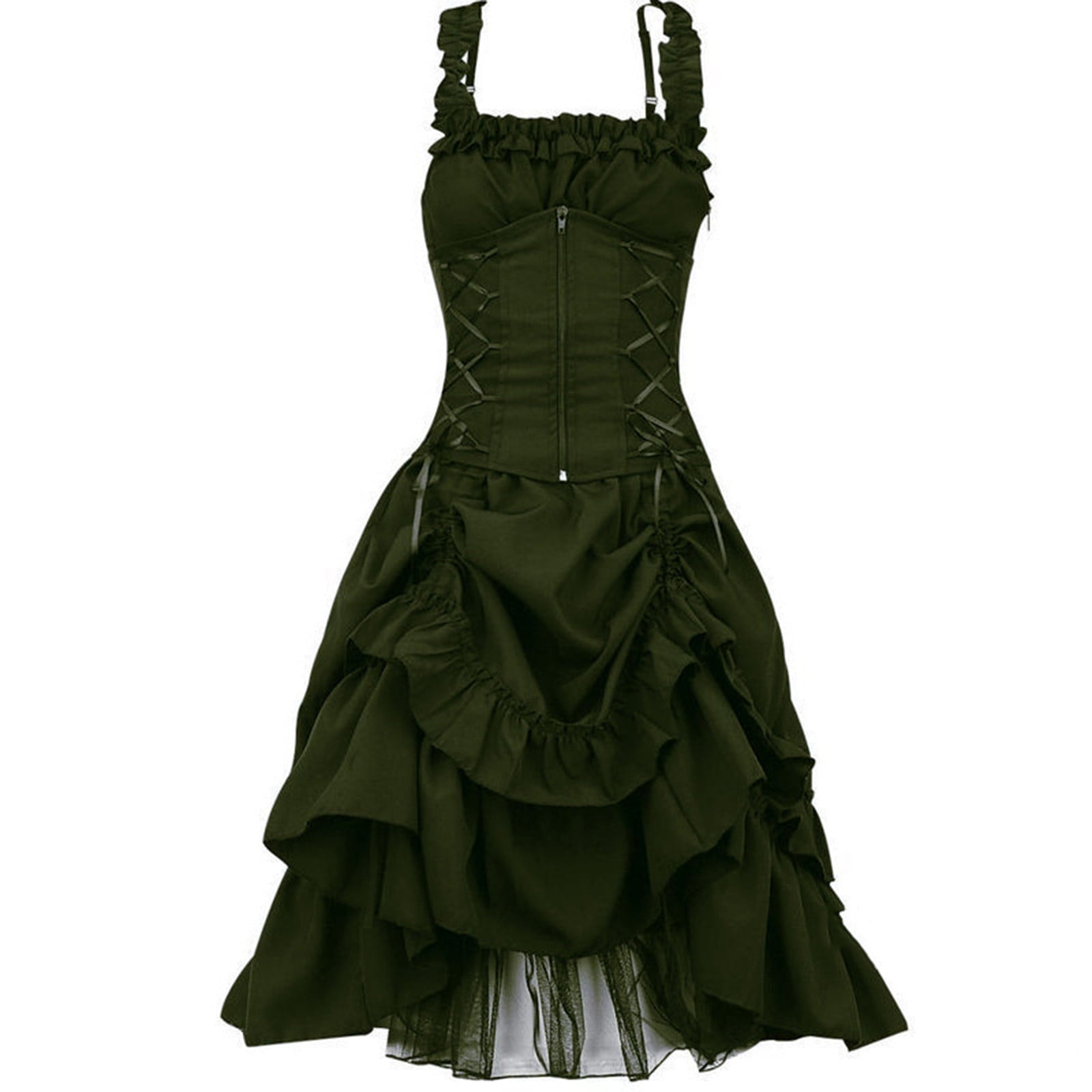 QATAINLAV Women's Gothic Steampunk Dress Renaissance Victorian Lace Up High Low Ruffled Corset Dress Halloween Pirate Costume, Green, S