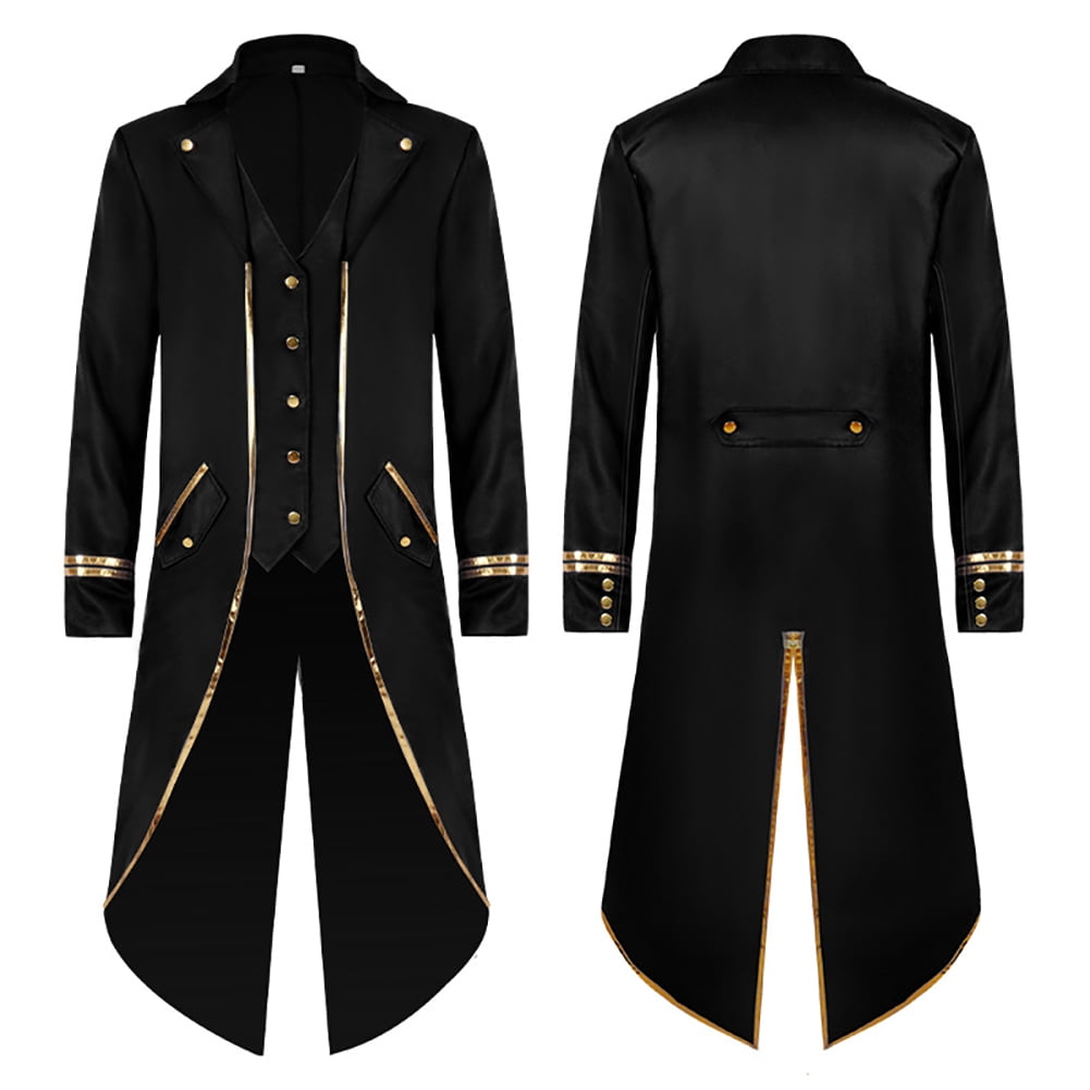IBTOM CASTLE Men's Steampunk Vintage Tailcoat Jacket Gothic Medieval Victorian Frock Button Down Swallow Coat Uniform L Blue & Gold