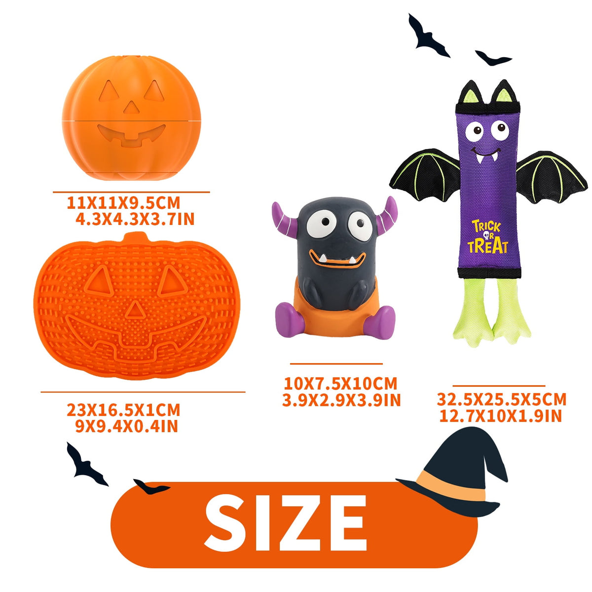 All For Paws Halloween 4-Pack Dog Toy Set - Gift Box Includes Dog Lick Mat, Puppy Squeaky Firehose Toy, Latex Dog Chew Toy & Dog Treat Dispenser