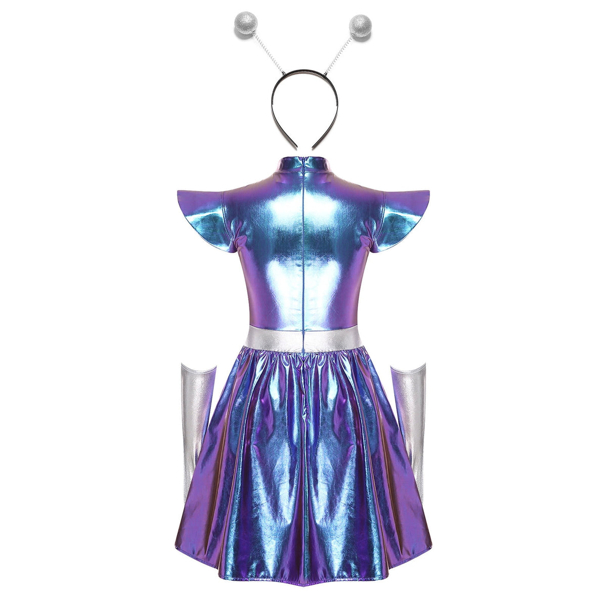 Aislor Womens Outer Space Alien Dress with Gloves Headband Halloween Space Cadet Rave Outfit Blue 3XL